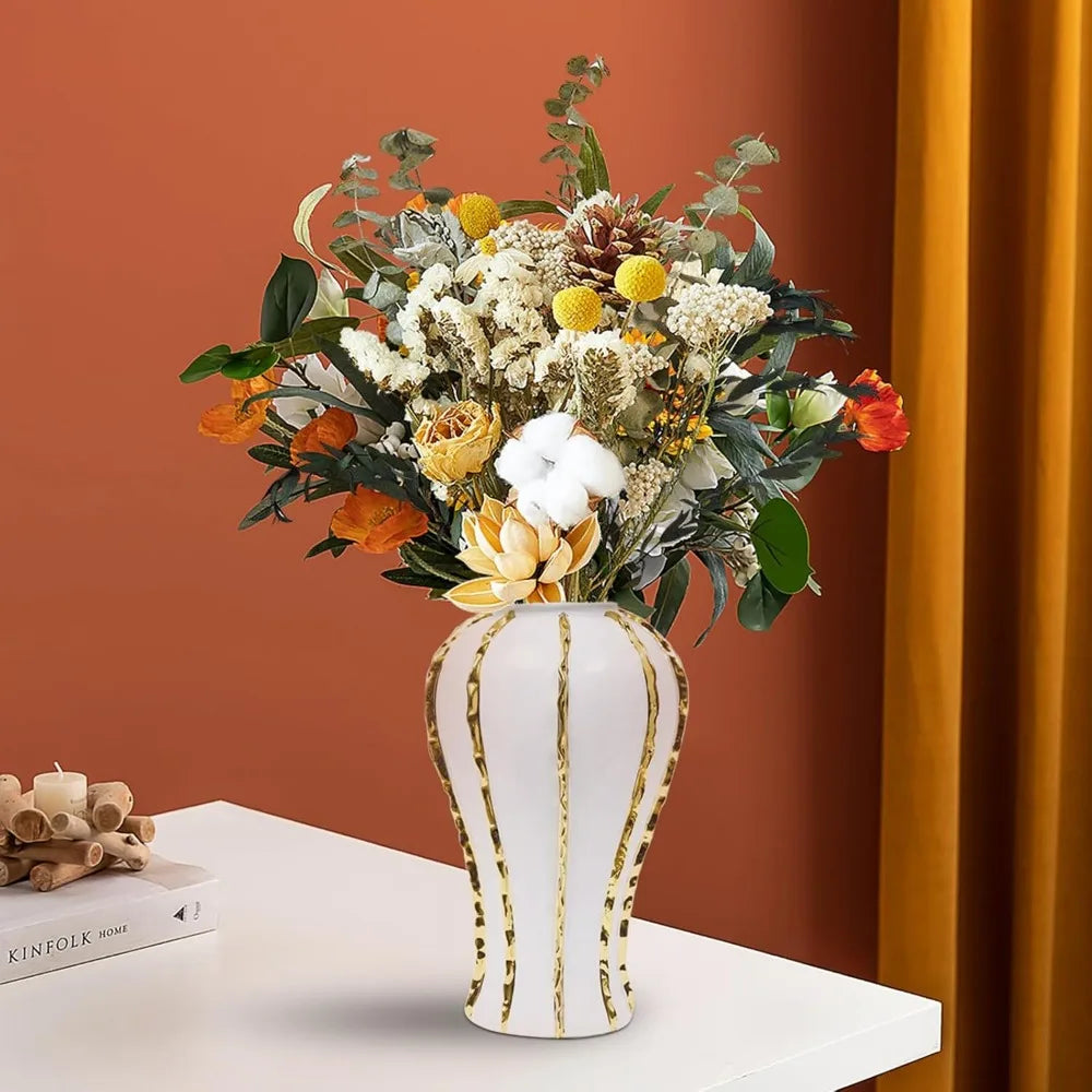 White Ceramic Vase with Gold Accents