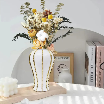 White Ceramic Vase with Gold Accents