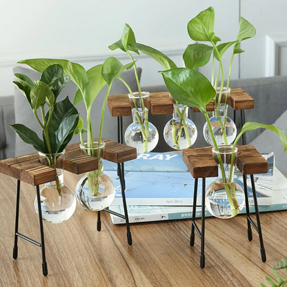 Wooden Frame Glass Bulb Vase