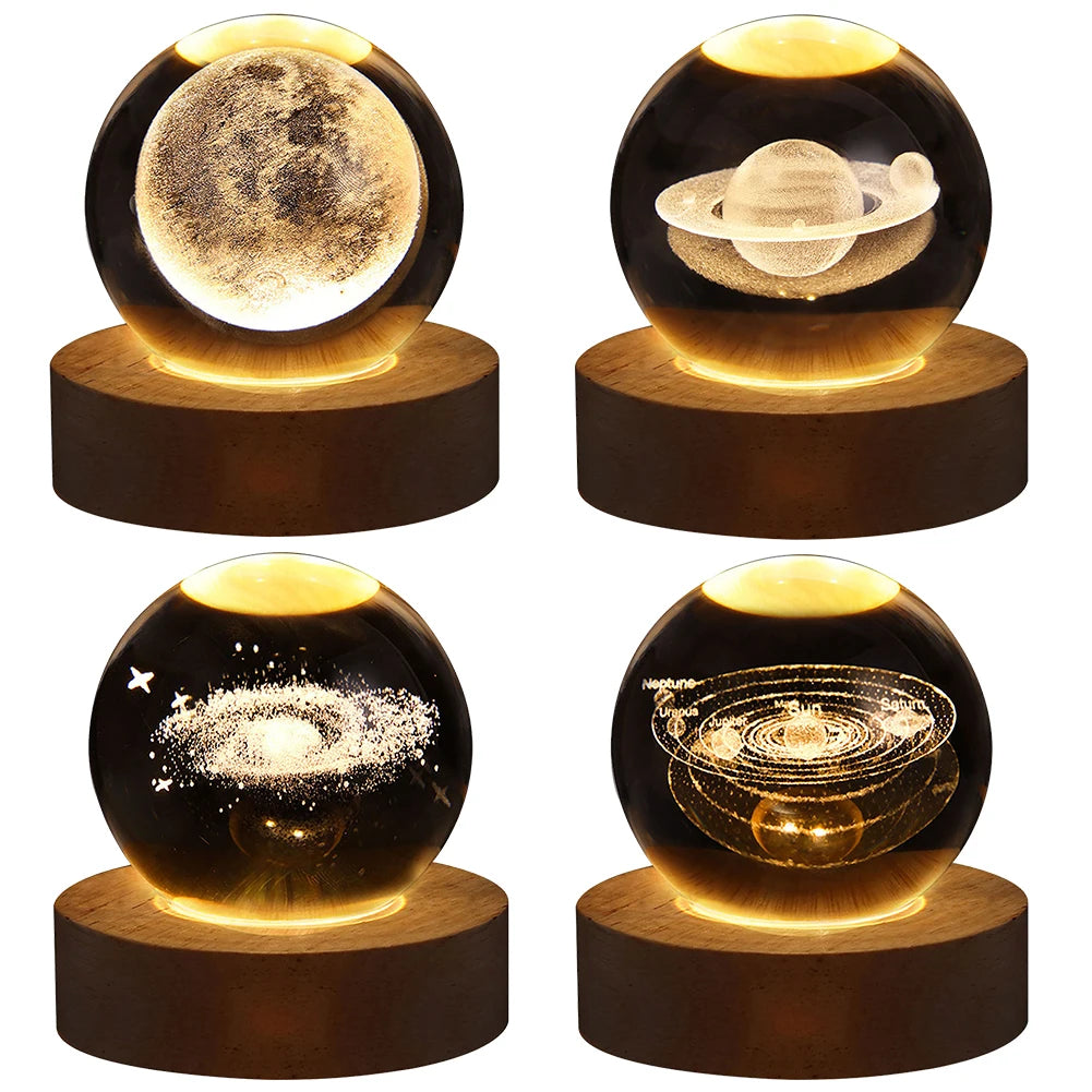 3D Crystal Ball Lamp with Galaxy & Planetary Projections