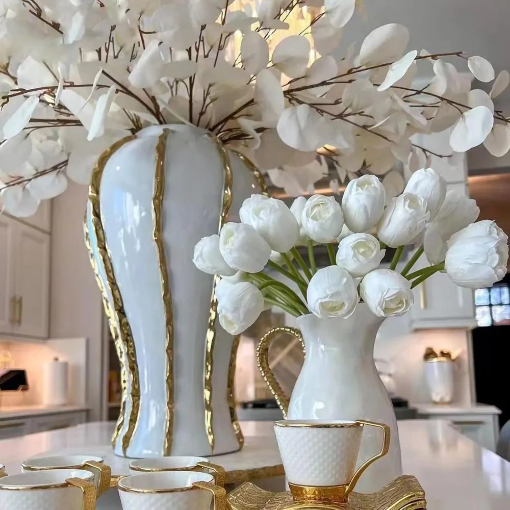 White Ceramic Vase with Gold Accents