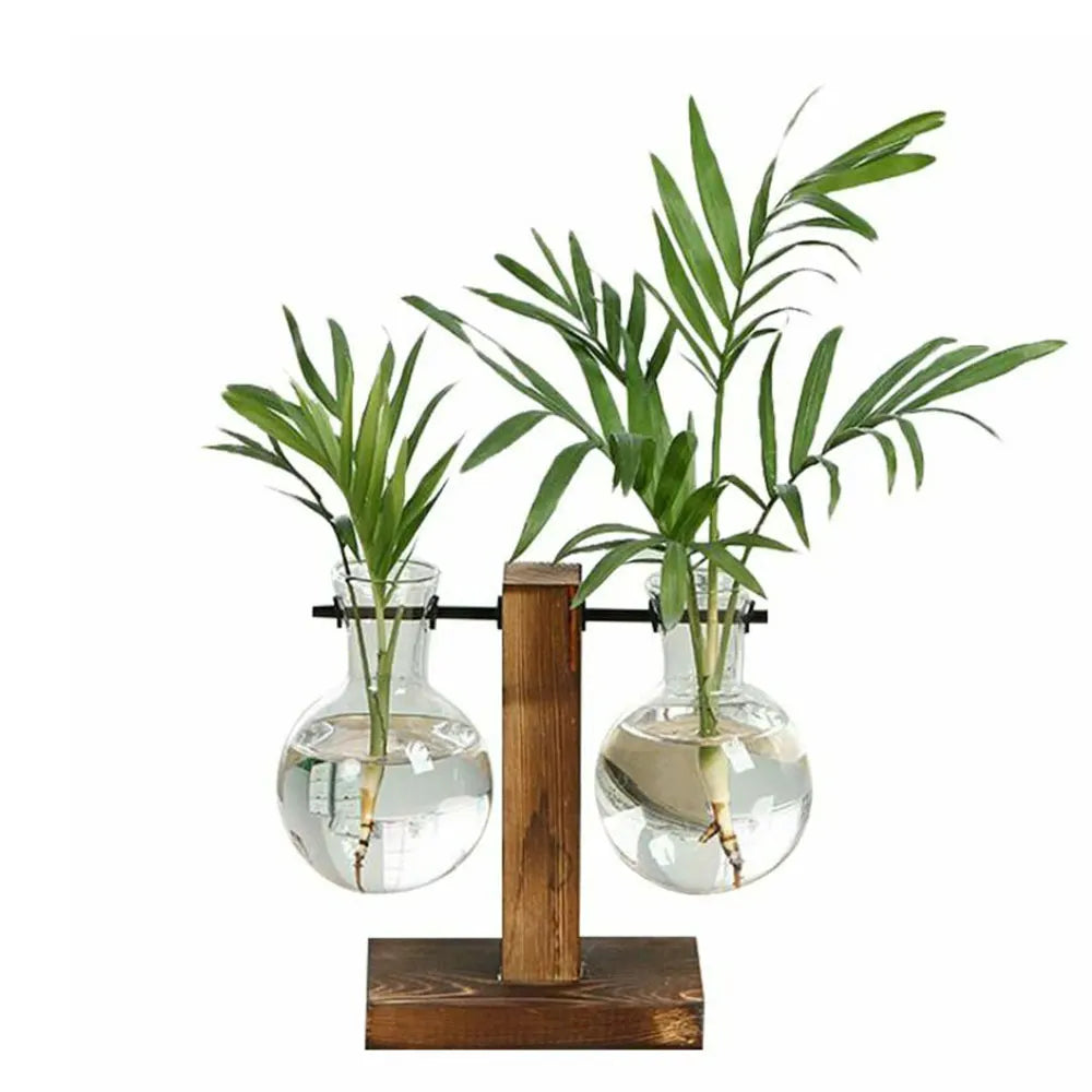 Glass Bulb Vase with Wooden Stand