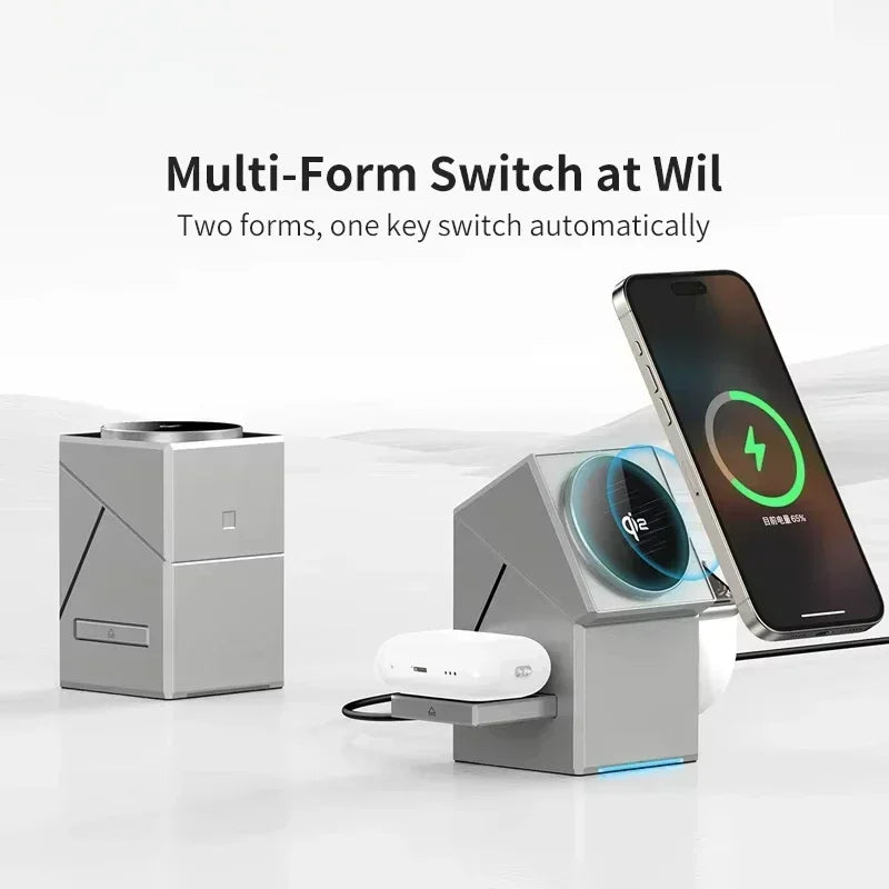 3-in-1 Wireless Charger with Auto-Rotating Magic Cube Dock