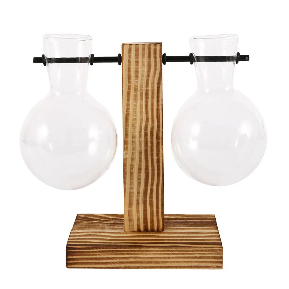 Glass Bulb Vase with Wooden Stand